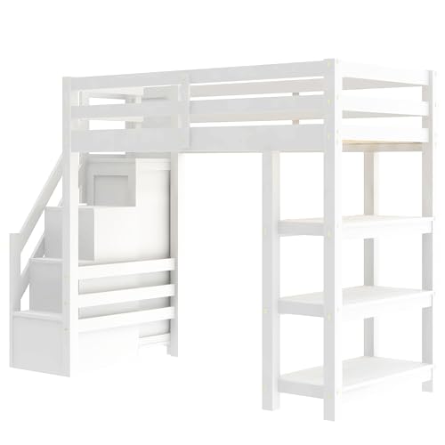 Gaming Bed with Desk,Wardrobe,Ample Storage Space,and RGB LED Light, Full Size Wood Loft Bed for Kids Bedroom (Cloud Blue/K)