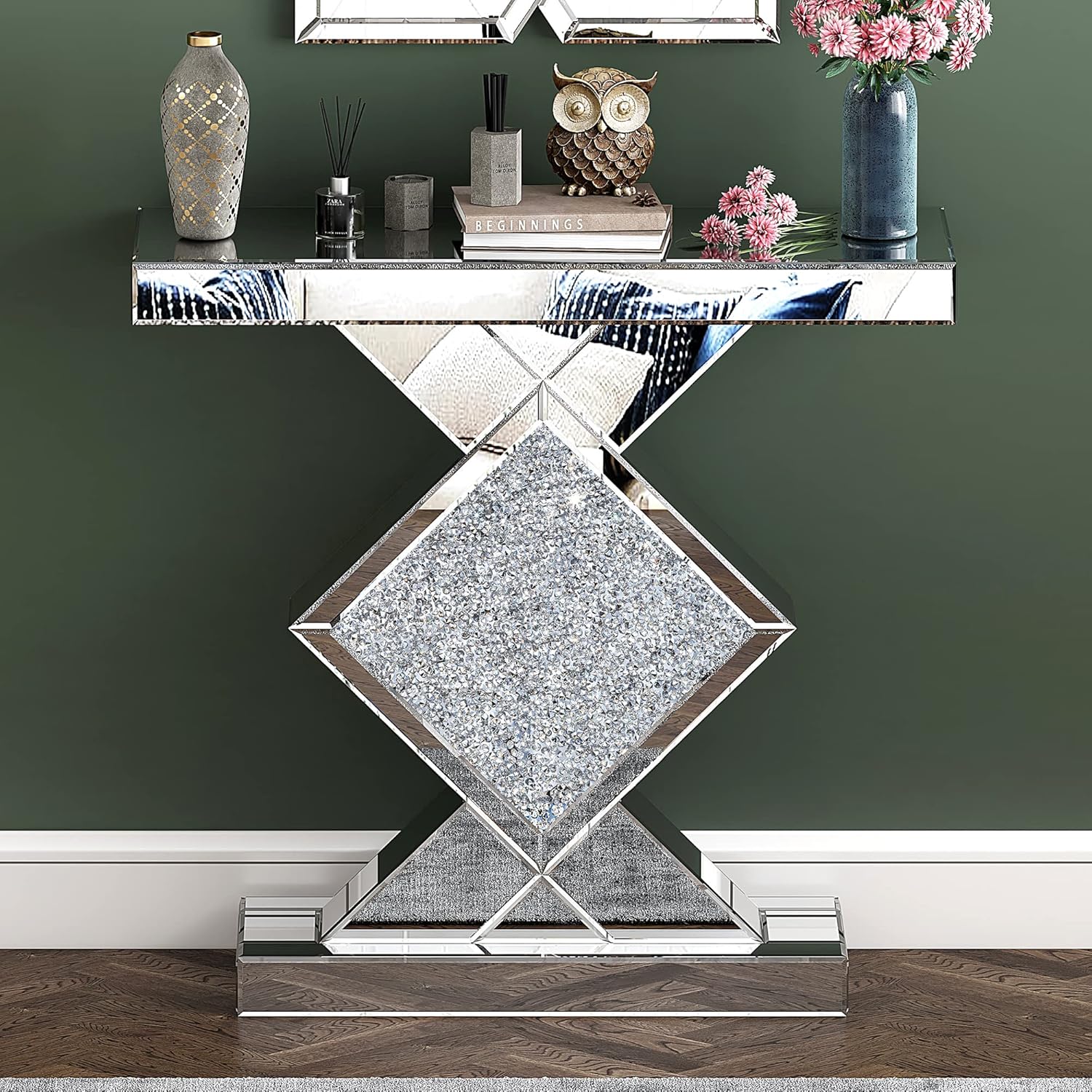 Mirrored Console Table, Silver Entryway with Diamond Shaped Mirror Finished, 31.5'' Long Accent Narrow Table