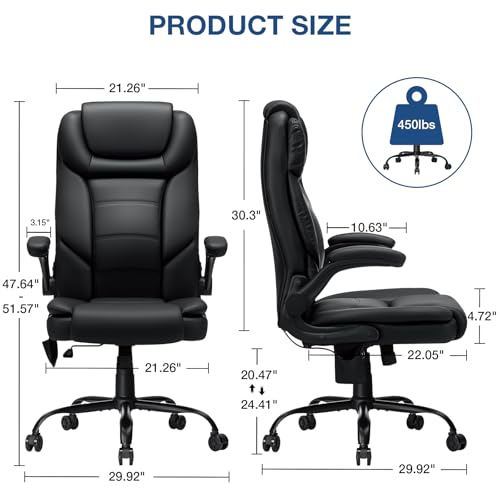 Big and Tall Office Chair 450lbs Heavy Duty Executive Desk Chair with Adjustable Lumbar Support High Back Ergonomic Home Computer Leather Chair with
