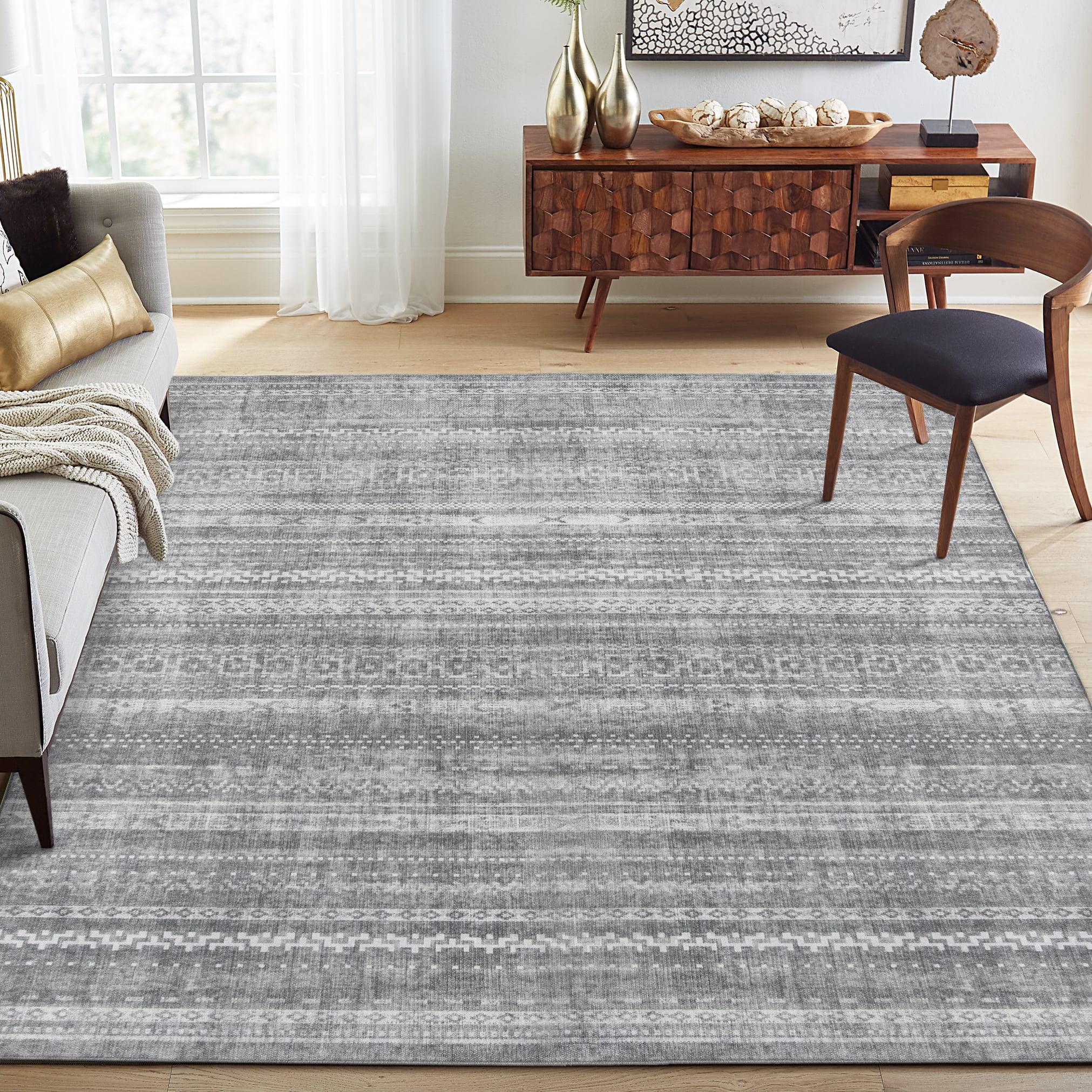 ReaLife Rugs Machine Washable Printed Moroccan Stripe Gray Eco-friendly Recycled Fiber Area Runner Rug (7'6" x 9'6")