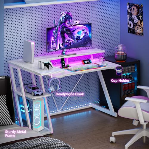 55 Inch Gaming Desk with Power Outlet & LED Lights, L Shaped Gamer Computer Table with Storage Shelves for Bedroom, Corner Home Office Desk
