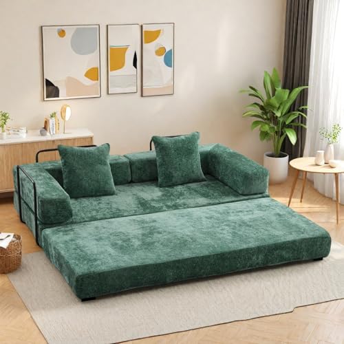 Compression Floor Sofa Bed, Convertible Foldable Sofa with Support Backrest and Armrest, Corduroy Fabric Modular Sectional Couch with 2 Pillows