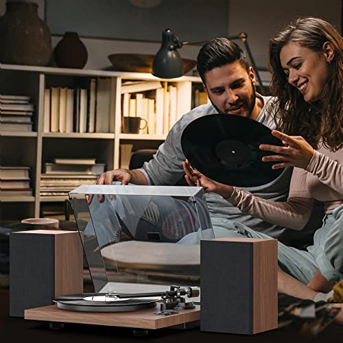 1 by ONE Bluetooth Turntable HiFi System with 36 Watt Bookshelf Speakers, Patend Designed Vinyl Record Player with Magnetic Cartridge