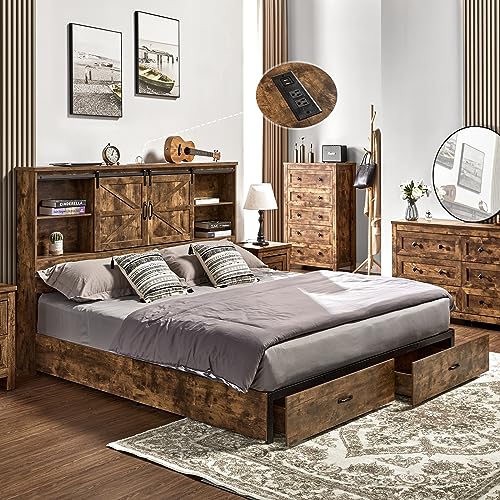 VanAcc Full Size Bed Frame, Wooden Platform Storage Bed with 51.2" Bookcase Headboard, 2 Drawers