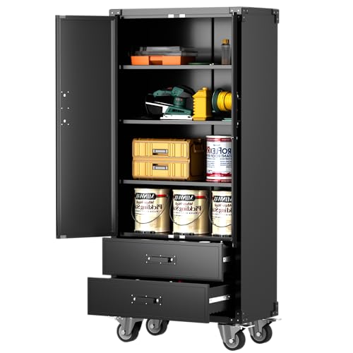Aobabo 71" H×32" W×16" D Metal Storage Cabinet with Wheels, Garage Steel Storage Cabinet with 5 Adjustable Shelves and 4 Hooks for Home Office