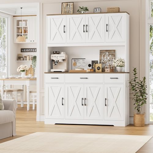 HOSTACK 71" Tall Kitchen Pantry Storage Cabinet with Charging Station, 55" Wide Kitchen Hutch Cabinet with Large Countertop