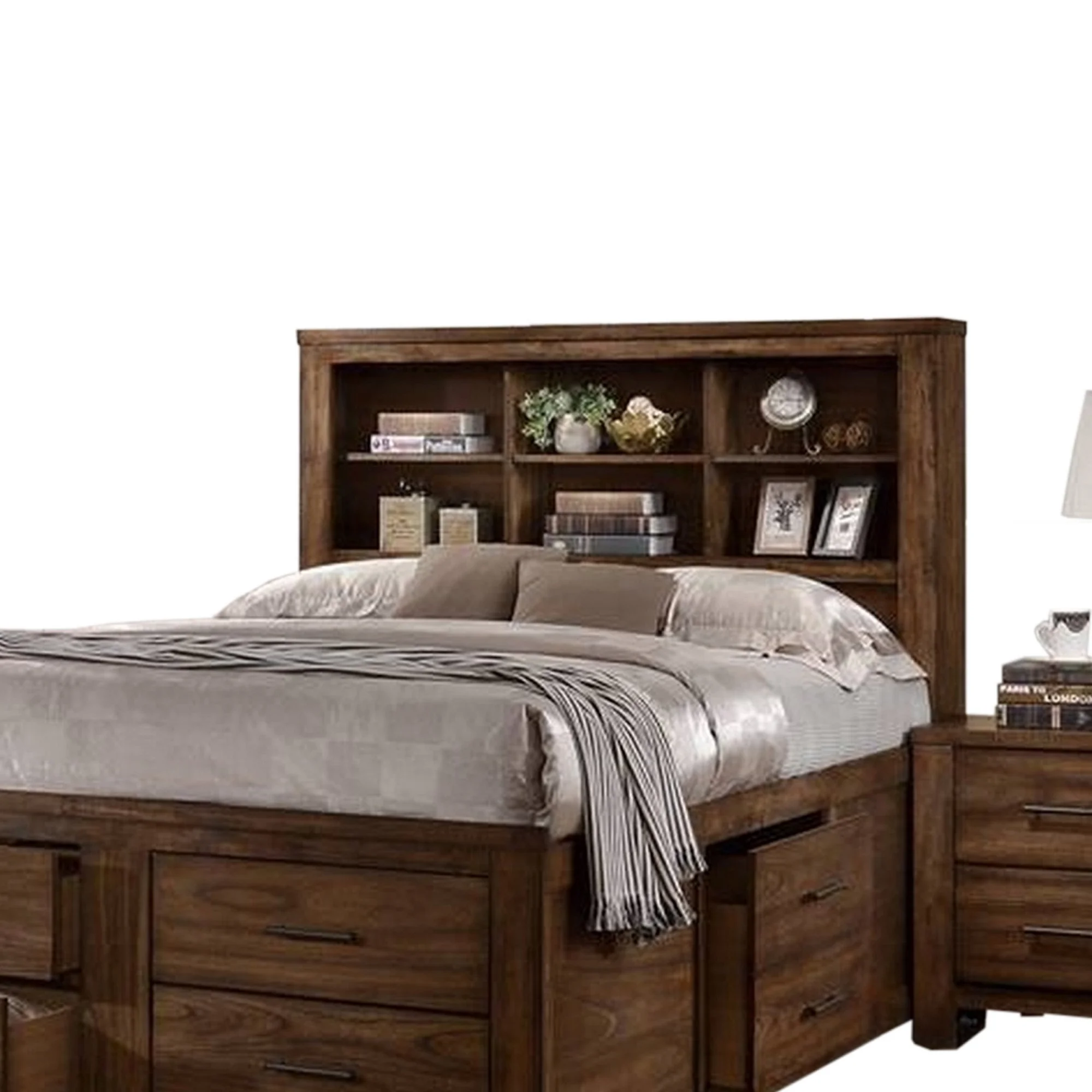 Benjara Tiva Wood King Size Bed, 6 Drawers, Book Case Frame, Distressed Oak Brown