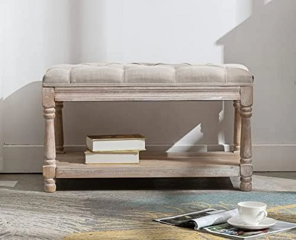 Entryway Bench Tufted Shoe Rack Bench Black Wood Window Bench for Hallway Entrance Bedroom Corner  Beige