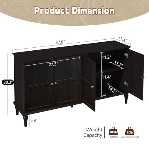 ARTPOWER Sideboard Buffet Cabinet with Storage, 58'' Mid-Century Modern Storage Cabinet with 4 Doors and Adjustable Shelves