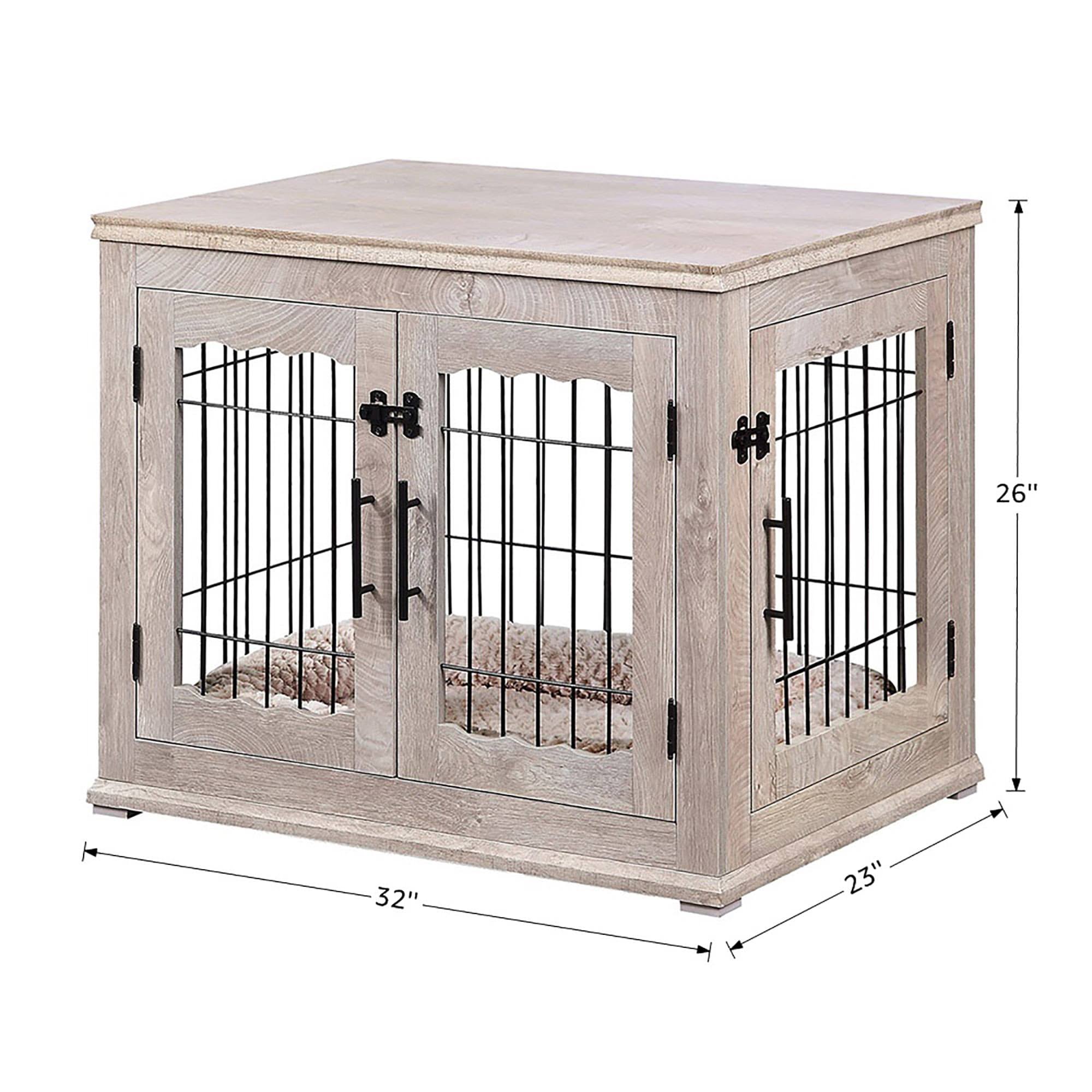 Unipaws Crate Wooden End Table with Wire Dog Kennel with Bed in Weathered Gray, 32x22 L x 23x22 W x 26.5x22 H, Medium