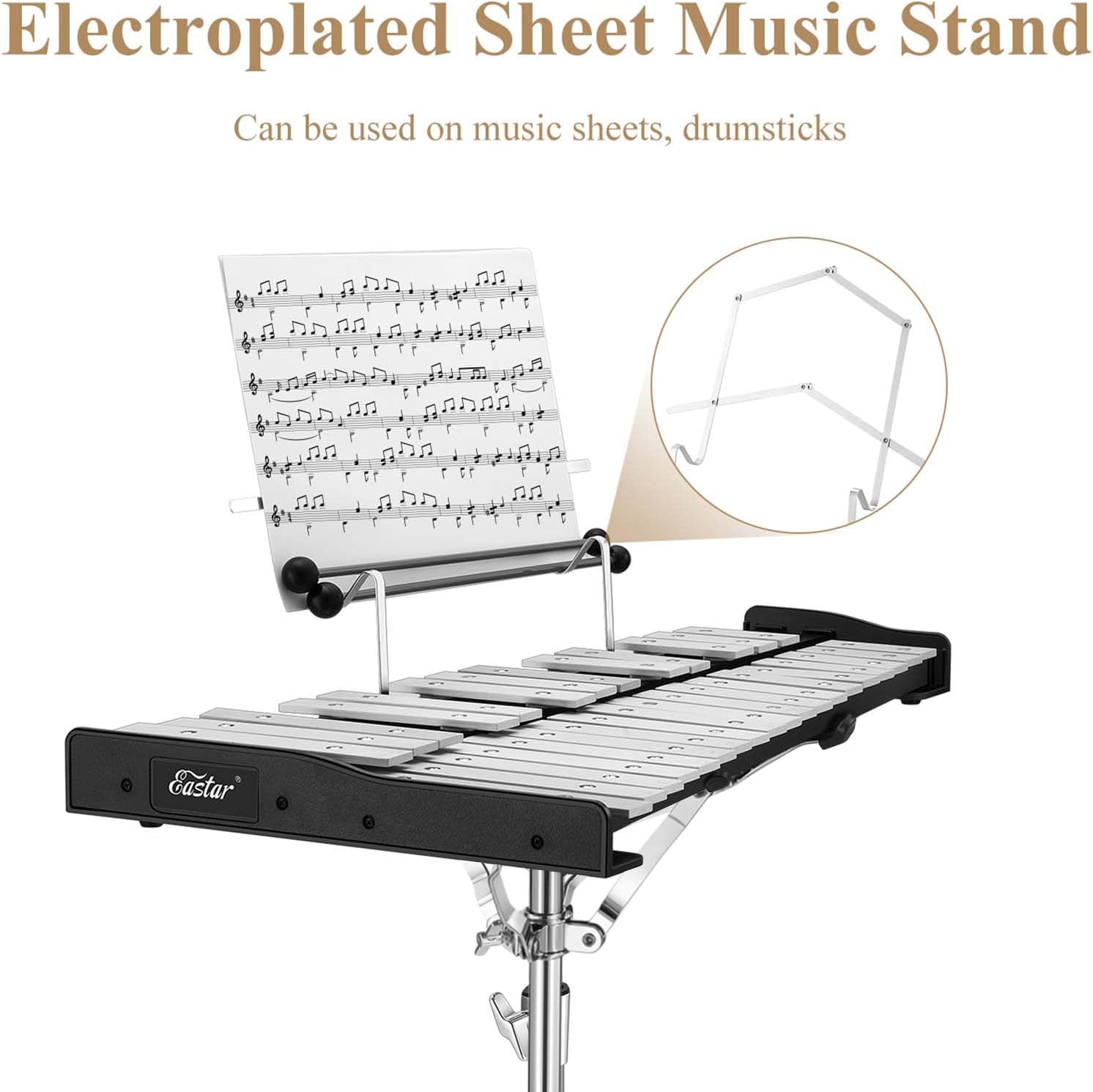 Eastar Professional 32 Note Glockenspiel Xylophone Bell Kit Percussion Kit for Adult with 8 Inch Drum Practice Pad, Stand, Glockenspiel Stick