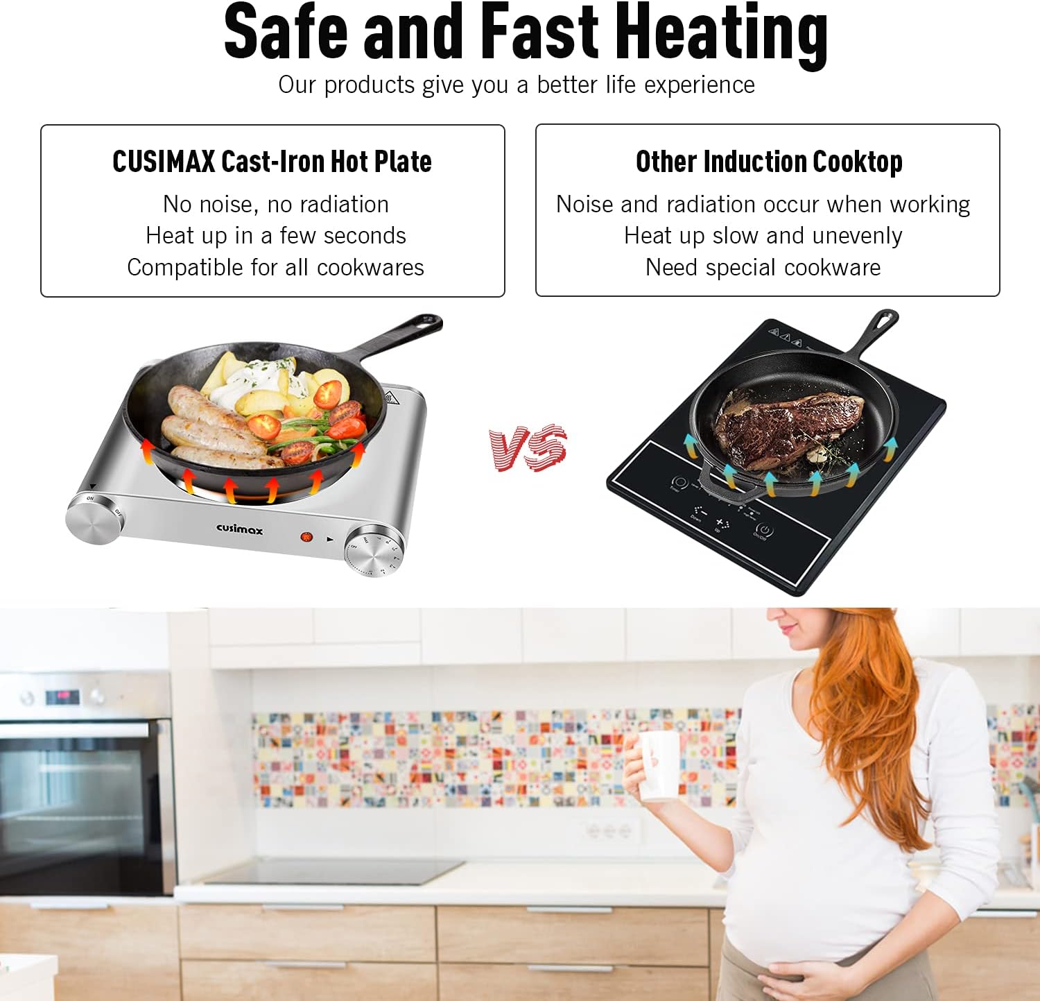 Cusimax Hot Plate Electric Burner Single Burner Cast Iron hot plates for cooking Portable Burner 1500W with Adjustable Temperature Control Stainless