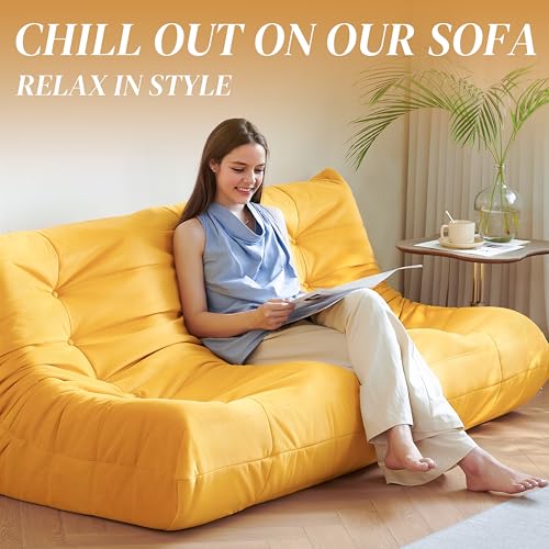 Bean Bag Chair for Adults - Suede & Microfiber Fireside Floor Chair, Comfortable Corner Lounge Sofa for Living Room, Bedroom, Office (3-Seater, Beige)