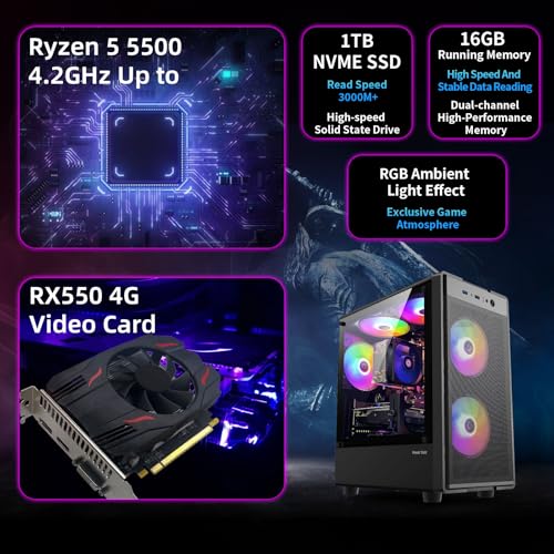 Gaming PC Desktop Computer, AMD Ryzen 5 5500 up to 4.2GHz, Radeon RX 550 4GB, 16G DDR4 RAM, 1TB NVME SSD, WiFi 5.0