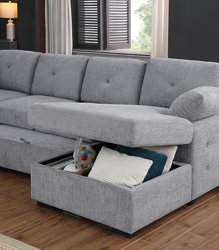 L-Shaped Pull Out Sleep Sofabed,Modern Reversible Sleeper Sectional Sofa Chenille Upholstered Button Tufted Decor with Storage Chaise