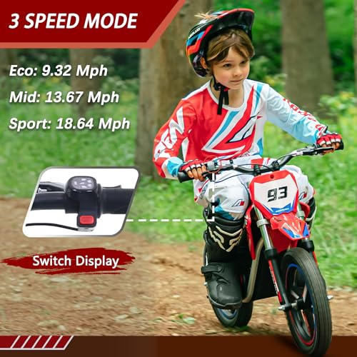 OLALA 36V Electric Dirt Bike for Kids Aged 4-8, Brushless 350W Racing Grade Electric Motorcycle, Up to 18.6MPH & 3 Speed Settings, Dual Disc Brakes