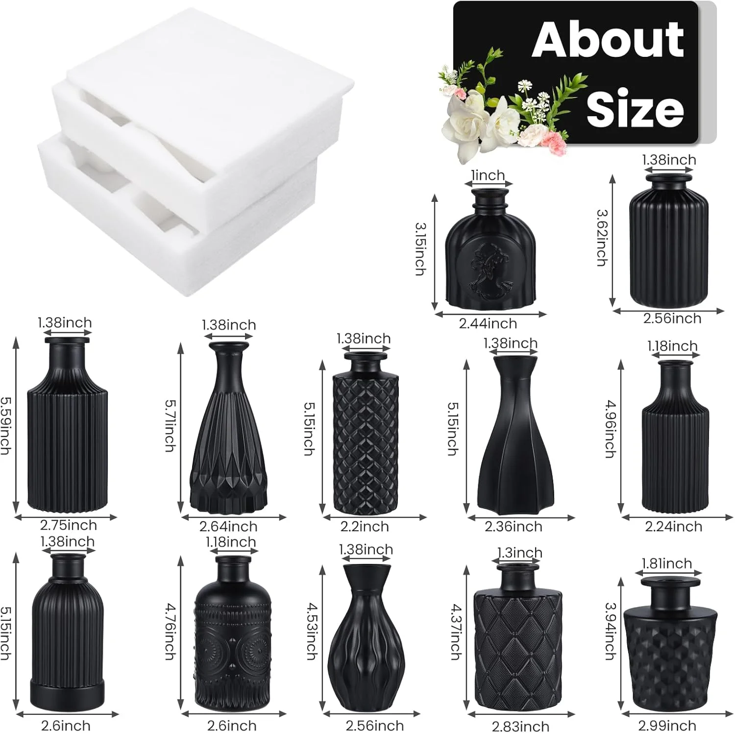 Mini Vintage Glass Bud Vases, Rustic Theme, Green &amp; Black, Set of 12