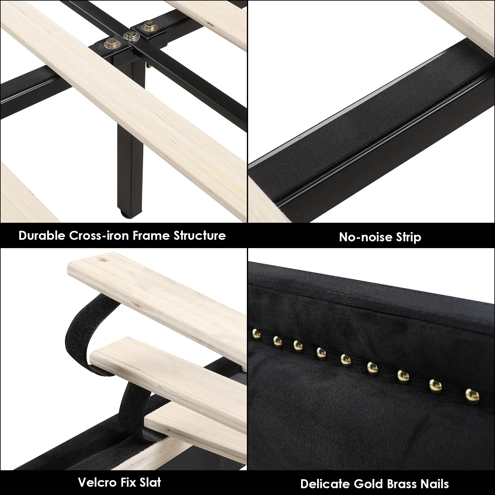 Homfa Queen Bed Frame, Luxury Velvet Upholstered Headboard with Golden Iron Sheet & Rivets, Platform Bed with Adjustable Headboard, Black