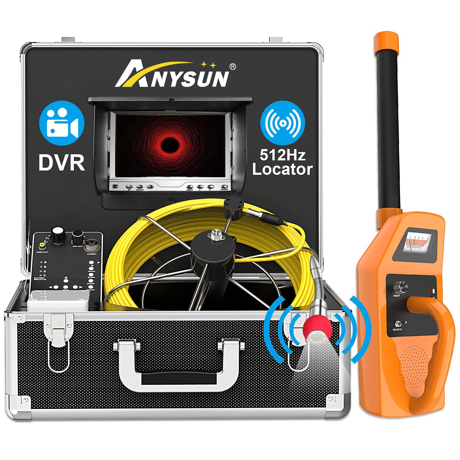 Anysun Sewer Inspection Camera with Locator, 100ft Pipe Camera with 512Hz Sonde Transmitter and Receiver