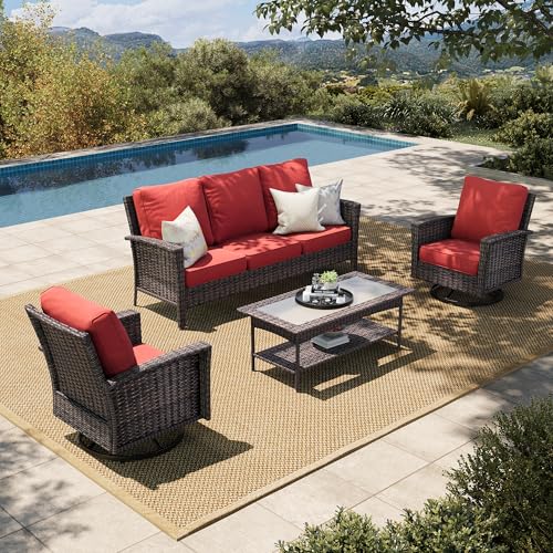 HERA'S HOUSE High Back Patio Furniture Set with Swivel Chairs, Outdoor Wicker Conversation Sets with 5.5" Comfy Cushions, 4 Piece Outside Sofa Sets