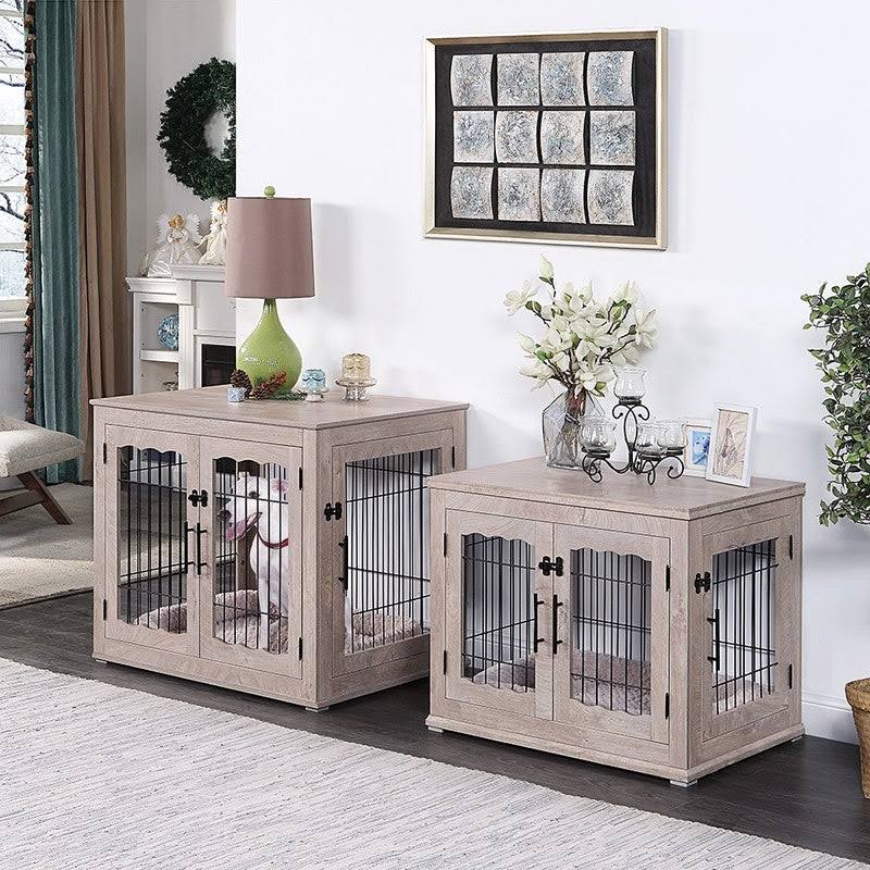 Unipaws Crate Wooden End Table with Wire Dog Kennel with Bed in Weathered Gray, 32x22 L x 23x22 W x 26.5x22 H, Medium
