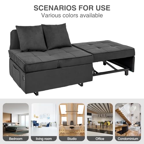 Sofa Bed 4-in-1 Convertible Pull Out Couch, Velvet Love seat Couch Sleeper Chair Bed with 2 Throw Pillow