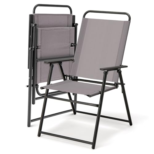 Patio Chairs, Portable Folding Chairs for Outside w/Metal Frame & High Back Support, Camping Chairs with Armrest