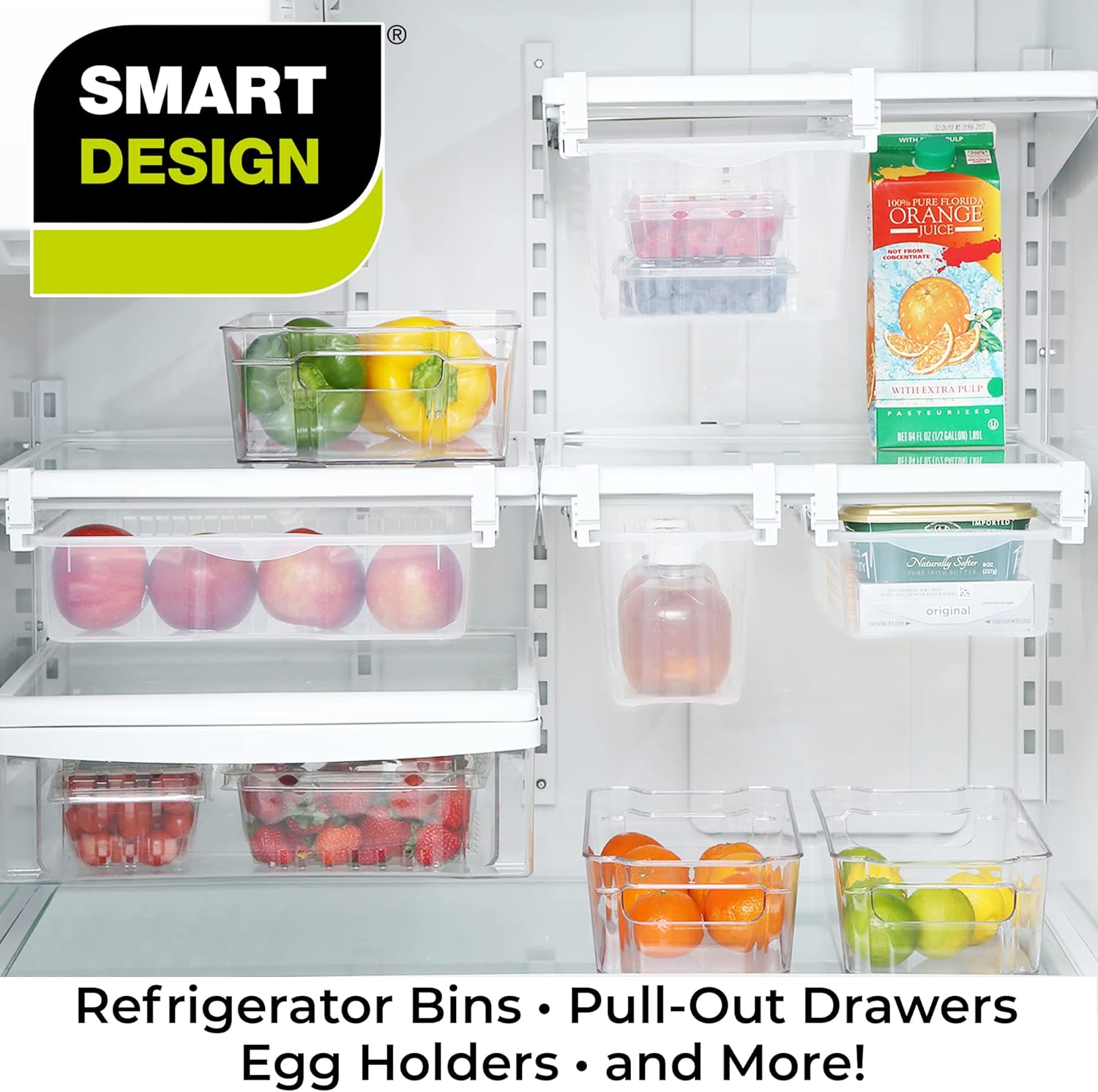 Smart Design Adjustable Pull Out Refrigerator Drawer - Extra Large, Set of 2 - BPA Free - Holds 20 lbs - Extendable Sliding Fridge Bin, Freezer