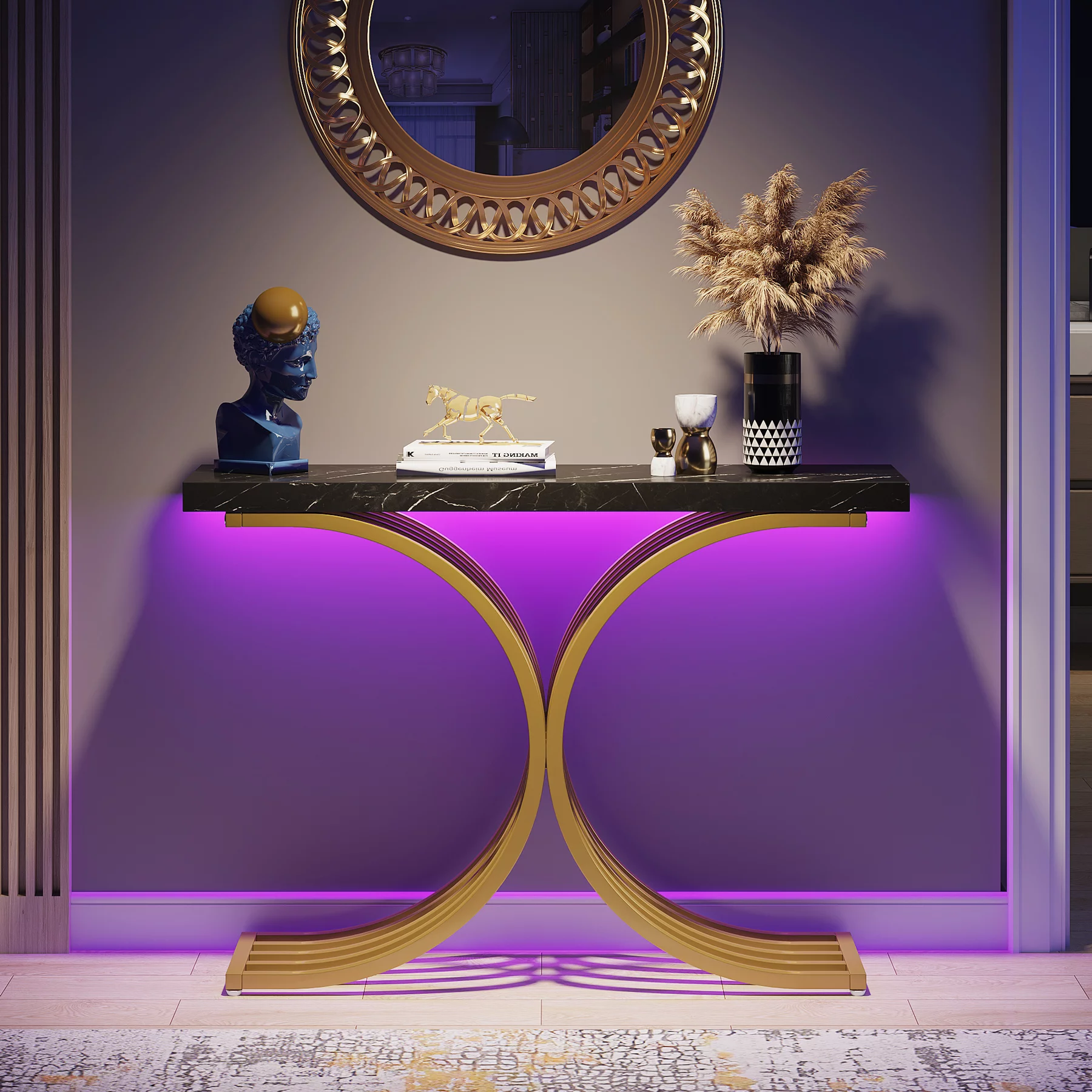 Tribesigns Gold Entryway Console Table with Led Light, Modern Foyer Entry Tables