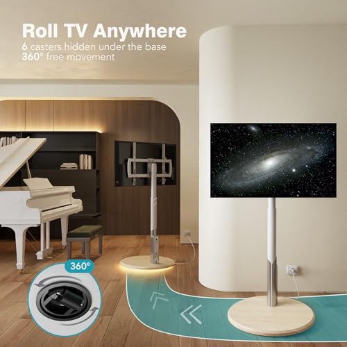 Floor Mobile TV Stand with Power Outlet, Rolling TV Cart for 27-65 Inch OLED LED Monitors, 6 Levels of Height Adjustment