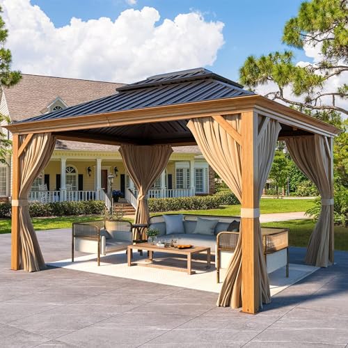 MELLCOM 12'x16' Hardtop Gazebo, Galvanized Steel Metal Double Roof Canopy with Curtains and Netting