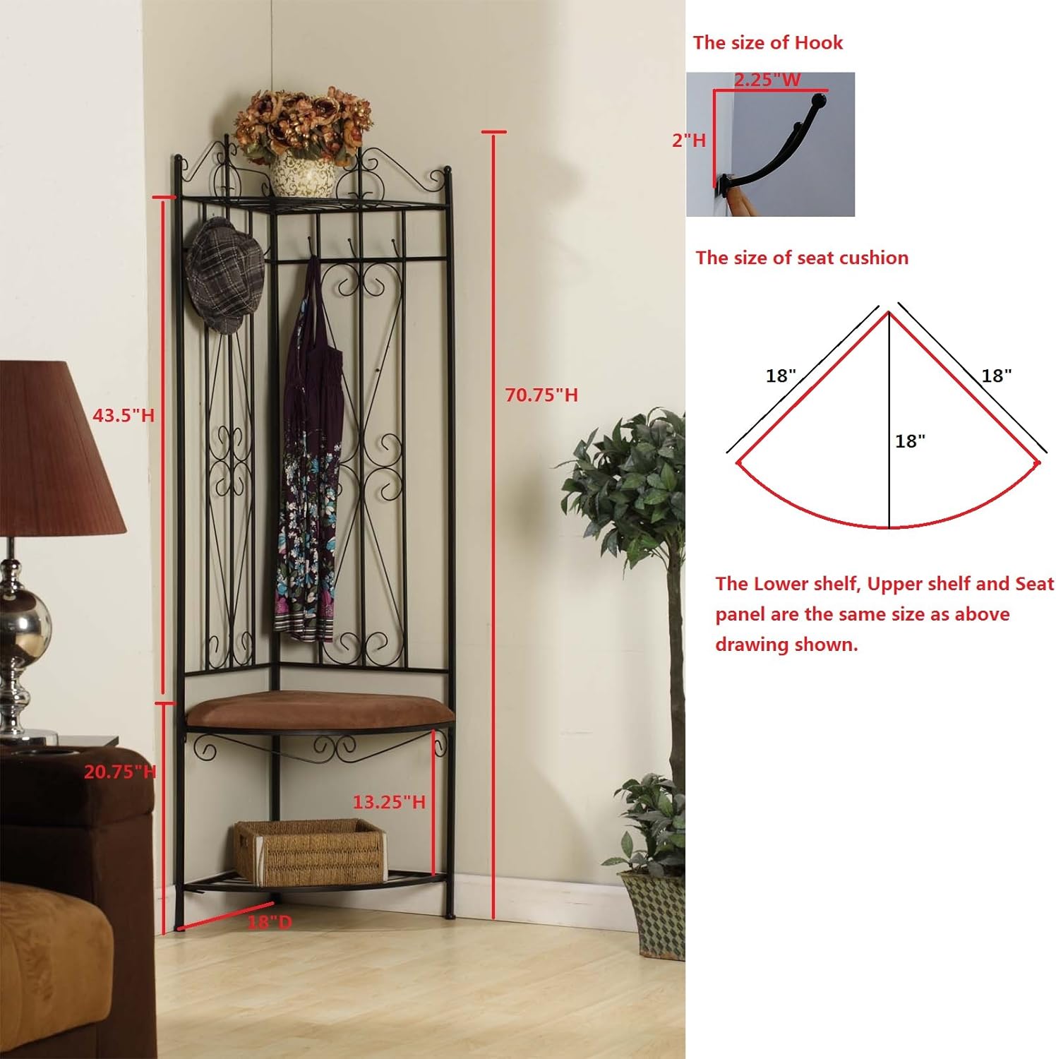 KB Designs - 6 Hook Corner Hall Tree with Bench & Shoe Storage, Black/Brown
