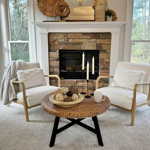 RANDEFURN Coffee Table Round, Seagrass Coffee Tables,Pine Wood X Base Frame Cocktail Table, Easy Assembled, Multiple Sizes for Living Room