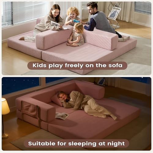 Convertible Sleeper Sofa Bed No Assembly Corduroy Upholstered Green Modular Floor Couch Queen/King Size Foldable Futon with Memory Foam for Apartment