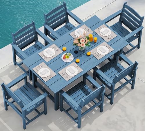 SERWALL Outdoor HDPE Dining Table Set, 7-Piece Outdoor Dining Table Sets with Umbrella Hole Cut-Out Table and 6 Chairs, Gray