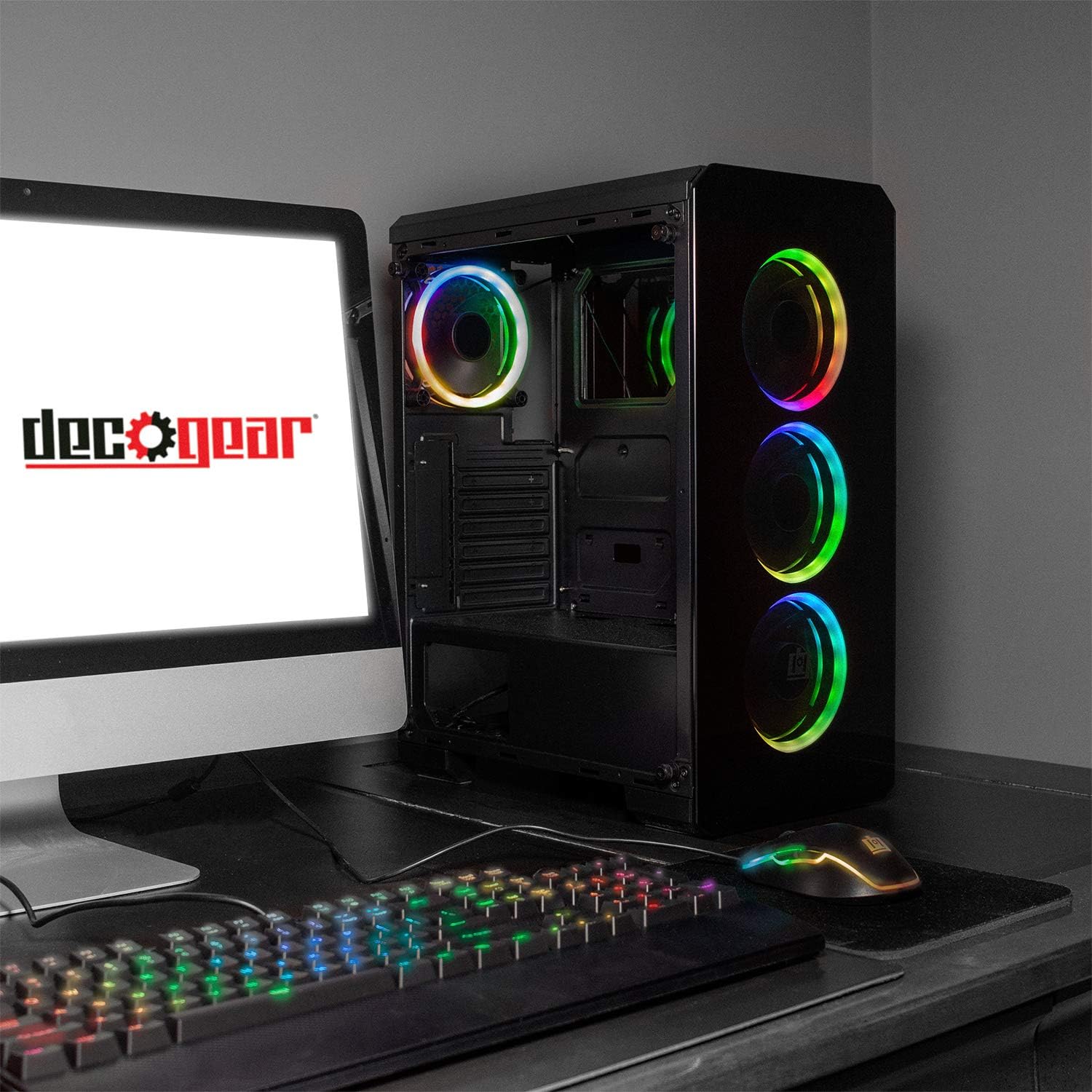Deco Gear Mid-Tower PC Gaming Computer Case 3-Sided Tempered Glass and LED Lighting - Mini-ITX, Micro-ATX, ATX