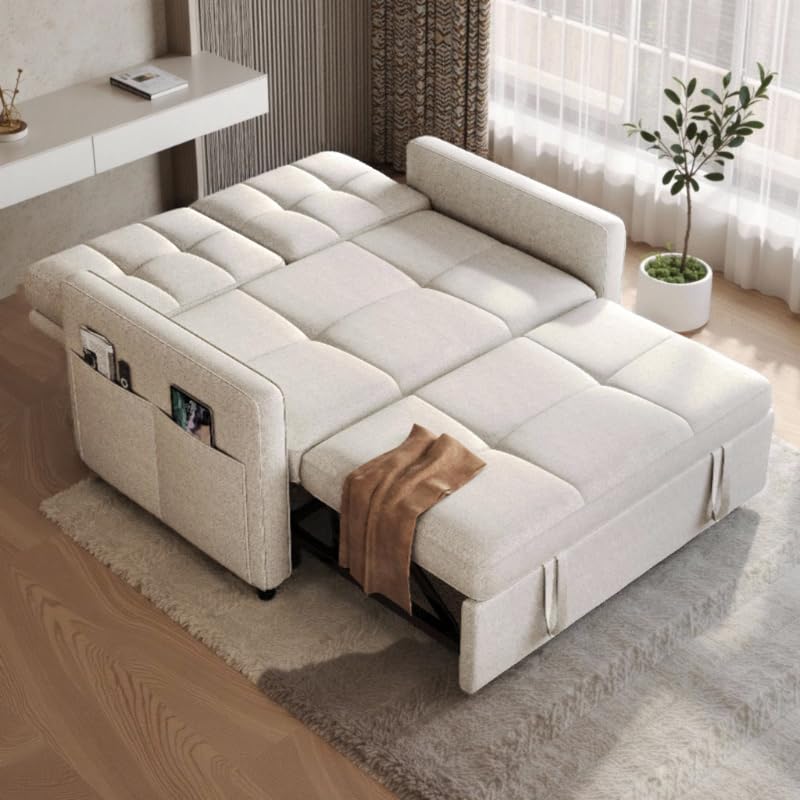 DWVO 55" Convertible Sofa Bed, 3-in-1 Sleeper Sofa with Pull-Out Bed, Linen Futon Couch with Adjustable Backrest and Side Pocket