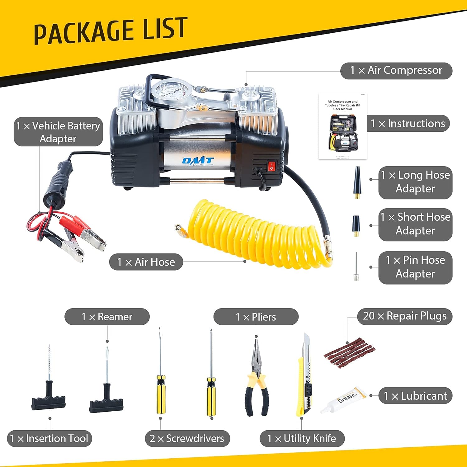 Double Cylinder Tire Inflator and 30pc Tire Repair Kit