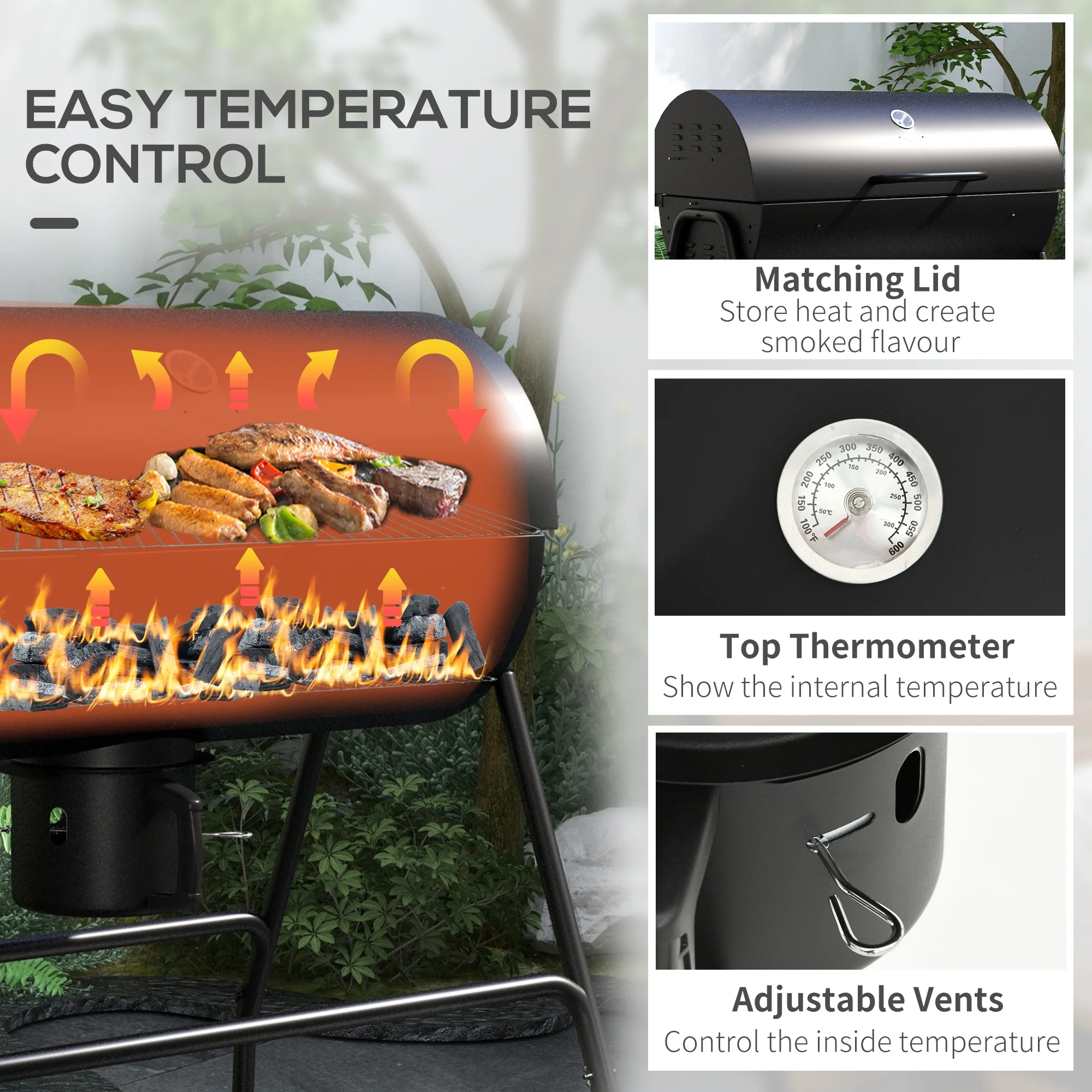 Outsunny Barrel Charcoal BBQ Grill, Wheeled Barbecue, Black
