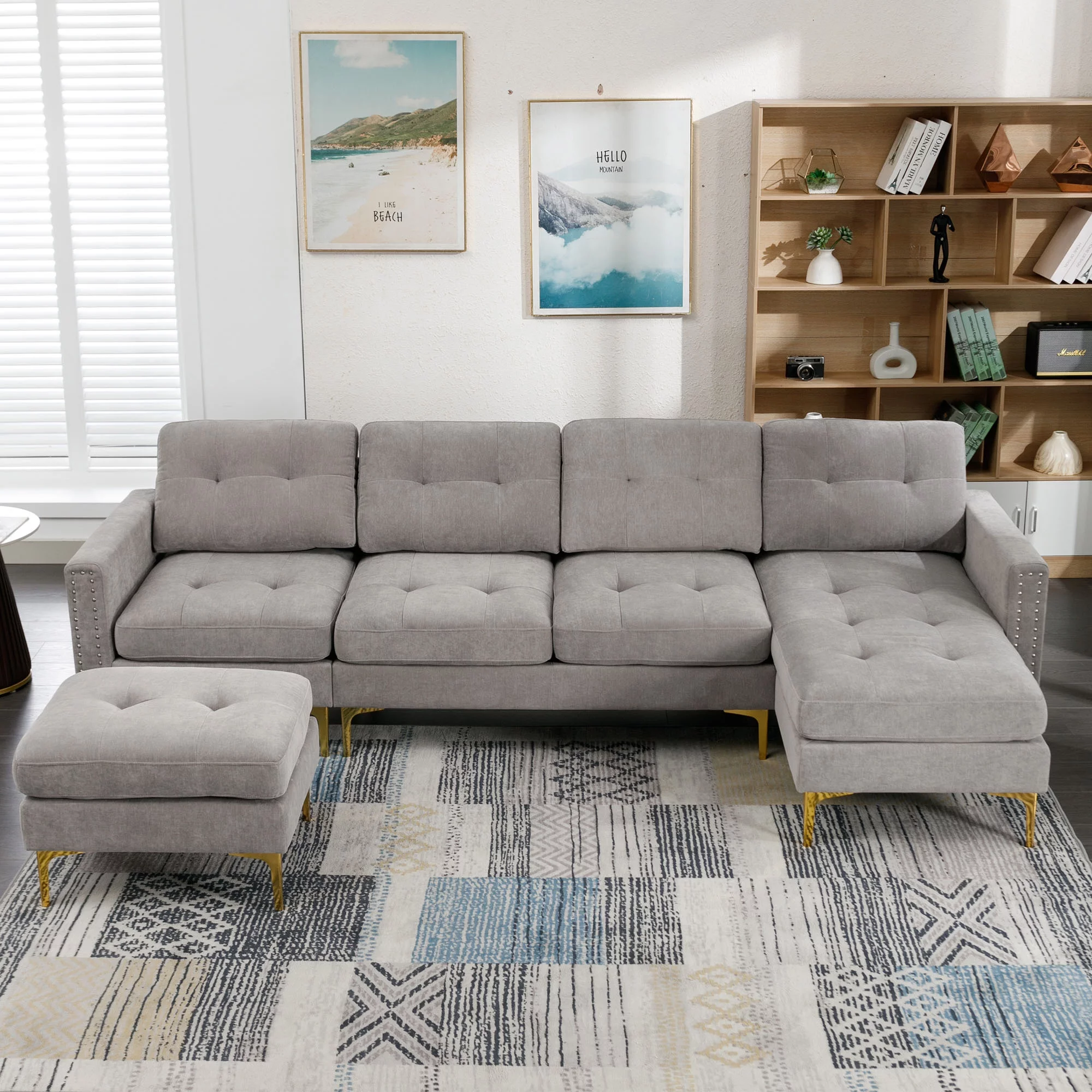 Soges U-Shaped Sectional Sofa with Ottoman, Convertible Couch for Living Room, 5 Seater Sofa, Gray, 110"x54"