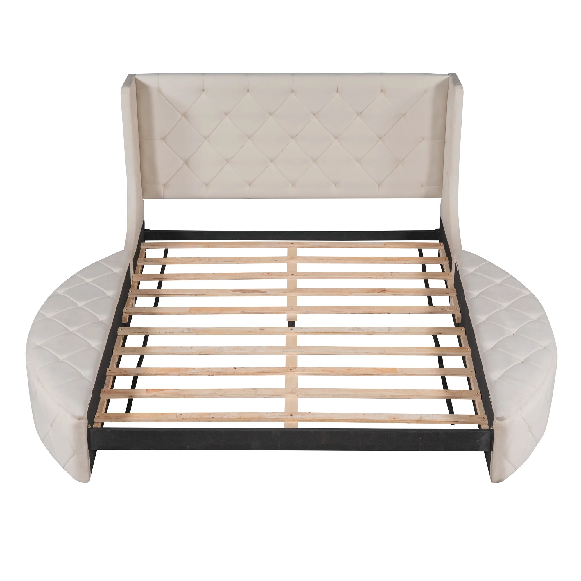 Churanty Queen Upholstered Storage Velvet Platform Bed with Wingback Headboard,Storage Platform Bed Frame with Drawer and 2Side Storage Stool,Beige
