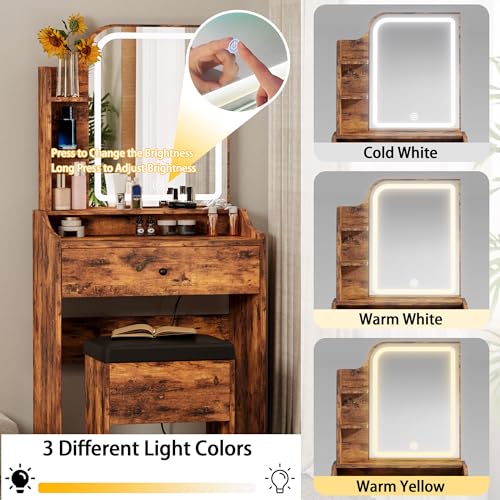 LIKIMIO Small Makeup Vanity Desk with Mirror and Lights, Vanity Table Set with Storage Drawer, Chair and Three Shelves, Bedroom, White