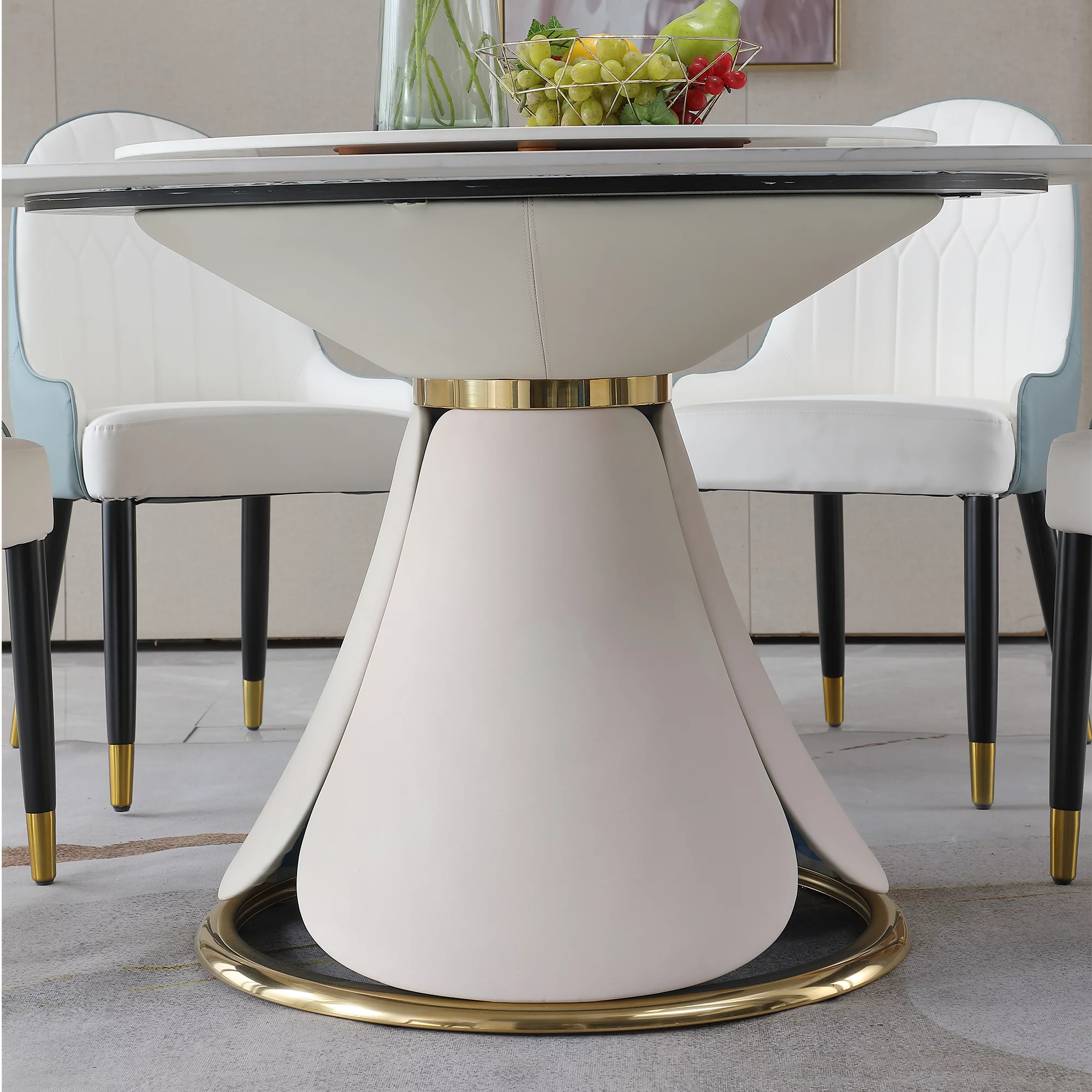 59” Leavader Sintered Stone Round Kitchen Dining Table Set with 31.5” Round Turntable for 8 People with Stainless Steel Base with 8 Chairs