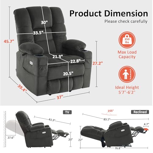 MCombo Large Triple Motor Power Lift Recliner Chair with Massage and Dual Heating, Adjustable Headrest for Tall Elderly People, Fabric 7634 (Grey
