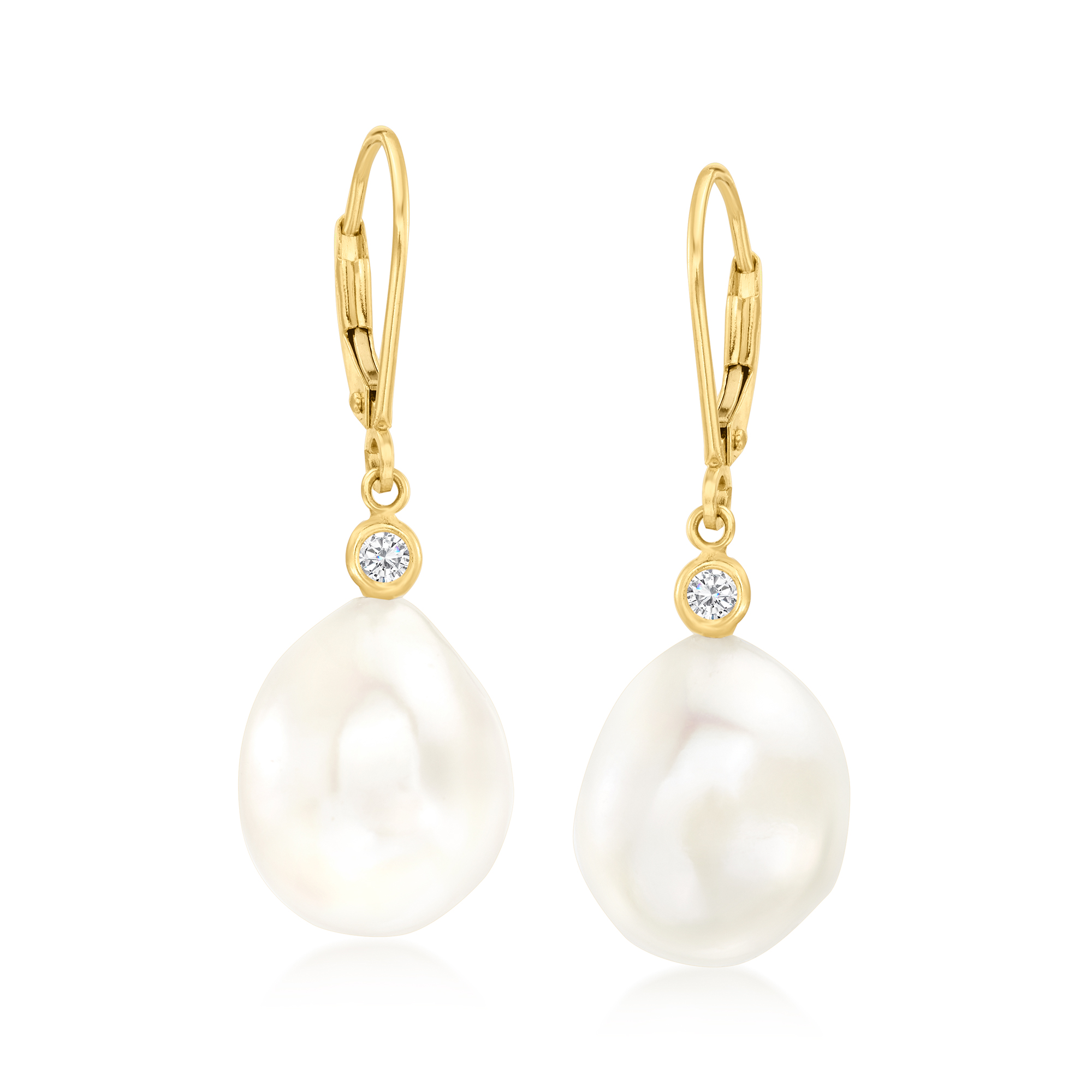 Ross-Simons 12-13mm Cultured Pearl and .10 ct. t.w. Diamond Drop Earrings in 14kt Yellow Gold, Women's, Adult