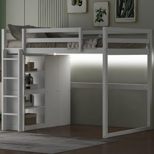 Harper & Bright Designs Full Size Loft Bed with Desk, Storage Shelves and Drawers, Solid Wood Loft Bed Frame with Built-in Wardrobe, Walnut