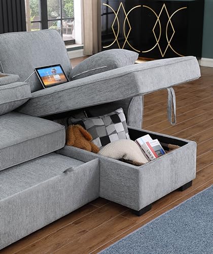 L-Shaped Pull Out Sleep Sofabed,Modern Reversible Sleeper Sectional Sofa Chenille Upholstered Button Tufted Decor with Storage Chaise