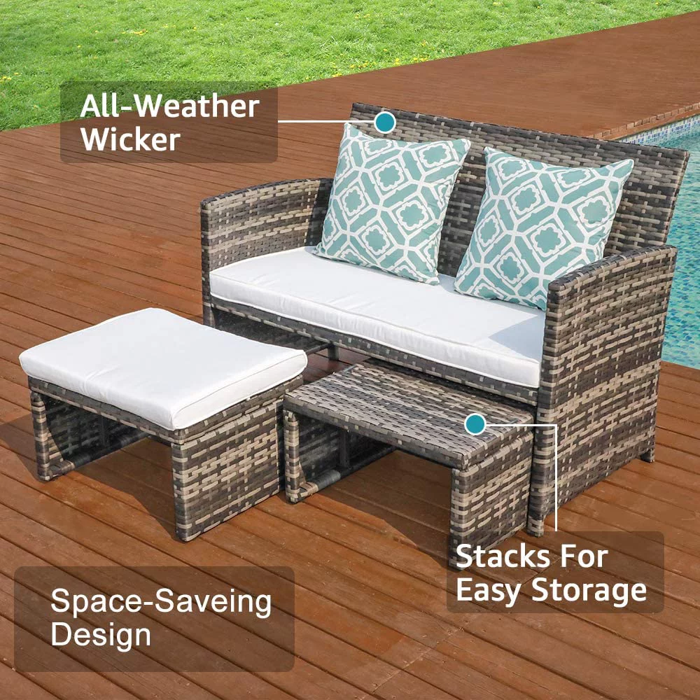 Outdoor Loveseat Patio Furniture Rattan Conversation Set with Ottoman, White Cushions, Grey Wicker, Pillows Included