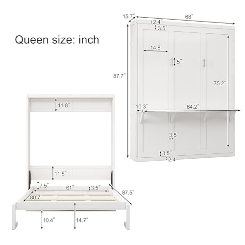 SOFTSEA Full Murphy Bed Wall Beds, Wood White Cabinet Bed 61.5” Foldable Platform Bed with Shelf for Guest Room