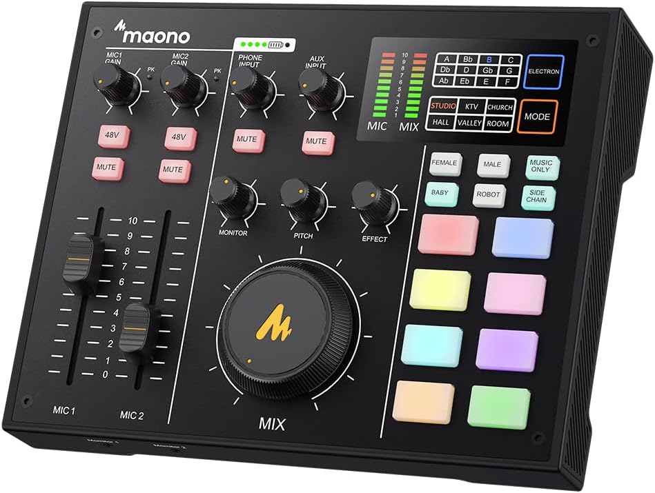 Audio Interface with DJ Mixer and Sound Card, Maonocaster Portable Podcast Production Studio for Guitar, Live Streaming, Recording, Chat, Broadcast